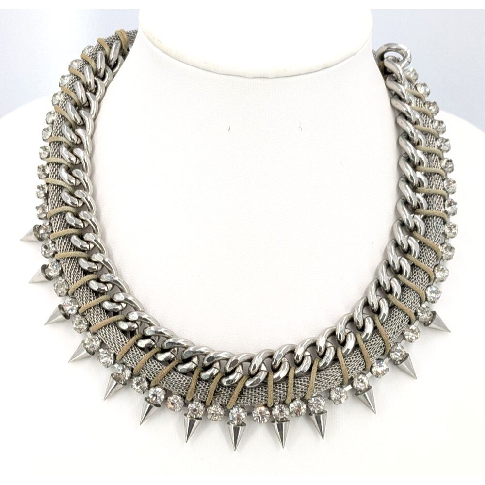 Silver Tone Rhinestone Spike Mesh Curb Chain Bib Choker Necklace 20 Inch 174 g